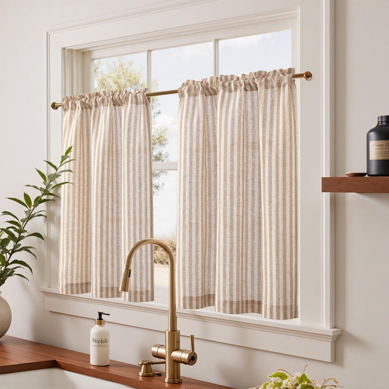 jinchan Striped Linen Kitchen Curtains 36 Inches Length Tier Curtains Farmhouse Modern Cafe Style Small Window Treatments Airy Light Filtering Rod Pocket for Living Room Bathroom 2 Panels Tan - Image 2